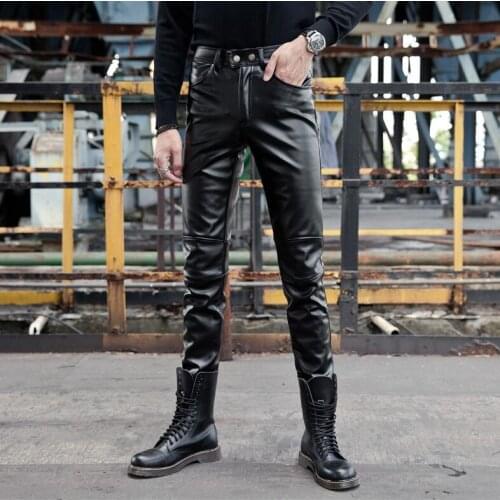 Plus velvet thickening fashion motorcycle faux leather pants mens feet pants pu trousers for men pantalon homme elasticity black