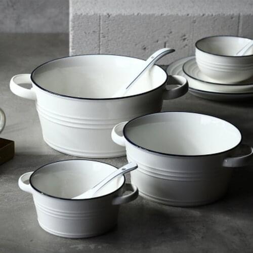 Nordic Creative Multi Size White Blue Edge Ceramic Binaural Bowl Home Kitchen Supplies Bone China Breakfast Salad Big Bowl