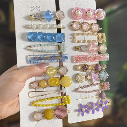 2021 New Girls Pearl Crystal Hair Clips Set Fashion Hair Barrettes Trendy Geometric Hairpins Headwear Fashion Hair Accessories