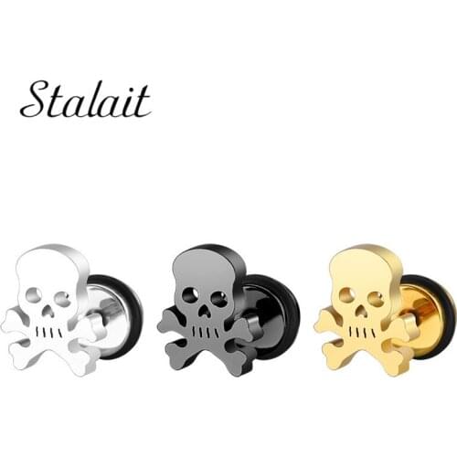 New Punk Stainless Steel Barbell Small Gold/Black/Silver Color Skull Skeleton Stud Earrings Women Party Girlfriend Gift