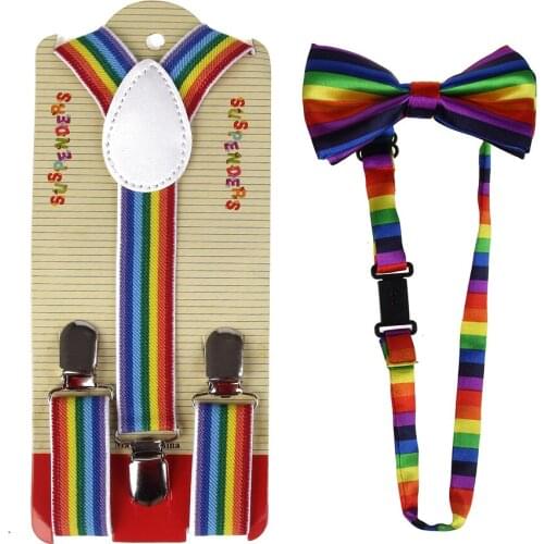 New Fashion Multicolor Adjustable Rainbow Stripe Print Suspender And Bow Ties Sets For Kids Boys