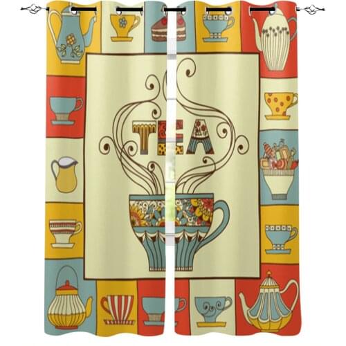 Cups and Teapots Pattern Window Curtains for Living Room Luxury Kitchen Bedroom Drapes Home Decor Backdrop Curtain