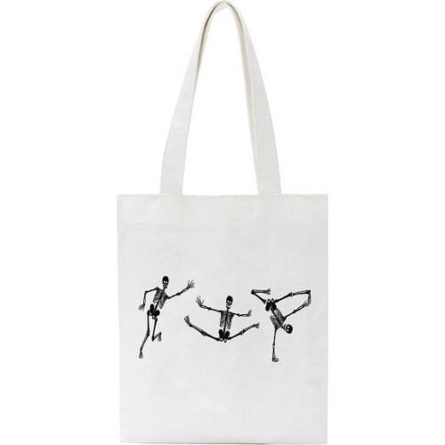 Fashion Skeleton Printing Casual Harajuku Female Shoulder Canvas Bag Large Capacity Tote Fashion Reusable Ladies Shopping Bags