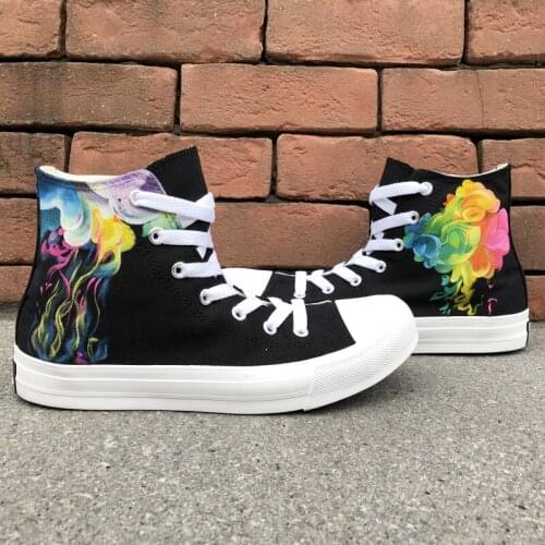 Wen Original Design Hand Painted Canvas Black Shoes Colorful Smoke High Top Women Mens Sneakers Athletic Shoes Flattie