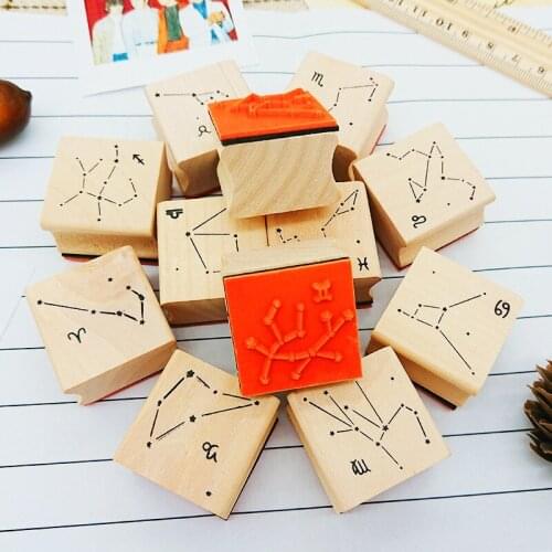 Vintage Wooden Stamps Rubber for Journaling 12 Zodiac Constellations DIY Stamps for Scrapbooking Stationery Supplies