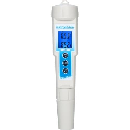5-in-1 pH Meter Waterproof Multifunctional TDS/EC/pH/Salinity/Temperature Meter Water Quality Tester Blue Backlight LCD Display