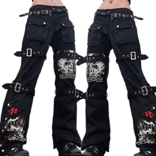 N7MF Women Punk High Waist Baggy Jeans Metal Buckle Print Hip Hop Denim Cargo Pants