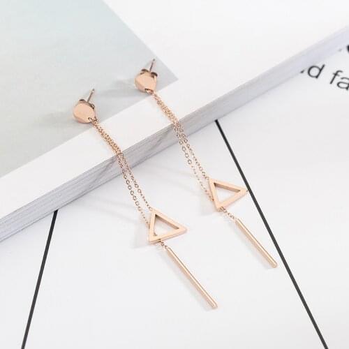 YUN RUO 2018 New Arrival Fashion Triangle Tassel Stud Earring Rose Gold Color Woman Gift Titanium Steel Jewelry Never Fade
