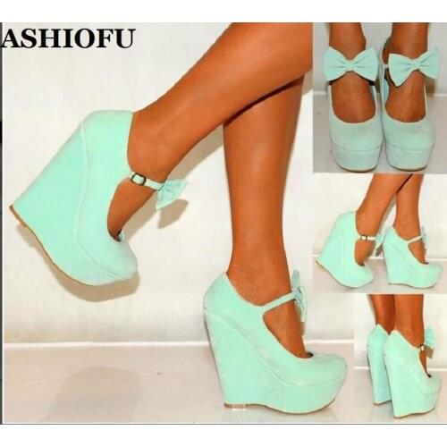 ASHIOFU Handmade Women Wadge Heel Pumps Mary Janes Butterfly Party Dress Shoes Sexy Evening Club Prom Dress Fashion Court Shoes