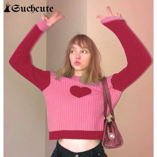 SUCHCUTE Kawaii Heart Printed Women Sweater Vintage Long Sleeve Streetwear O Neck Pullover Korean Female Knitted Sweaters Winter