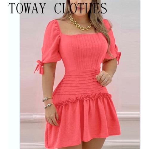 Square Neck Short Sleeve Solid Color Square Neck Ruffle Hem Dress Casual Chic A Line Mini Dress For Women Summer 2021