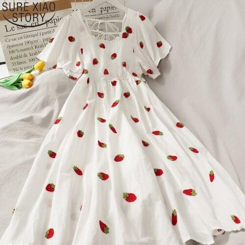 Sweet Floral Dress Women Short Puff Sleeve Maxi Dress Women 2021 New Summer A-line White Square Collar Beach Party Dresses 14547
