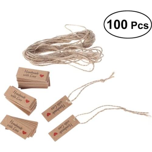 100pcs Kraft Paper Tags with Strings Gift Favors Baking Food Package Tags Handmade with Love Card Hanging Labels DIY Crafts