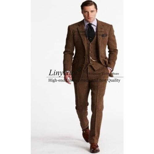 2020 Latest Coat Pant Designs Brown Tweed Men Suit Slim Fit 3 Piece Tuxedo Custom Style Groom Blazer Prom Suits Terno Masculino