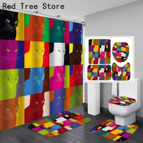 Cartoon Cat Digital Print 4pcs Shower Curtain Mat Set Bathroom Waterproof Hanging Screen Cover with Hook Toilet Floor Mat Carpet