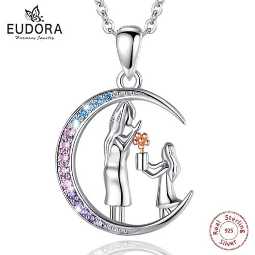 Eudora Real 925 Sterling Silver Mother Anddaughter pink Crystal Moon Necklace Flower Pendant Fashion Jewelry for Mother 697