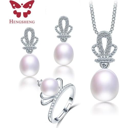 Crown 925 Sterling Silver Jewelry Set For Friend Gift, 100% Natural Freshwater White Srop Shape Pearl Necklace Earrings ring