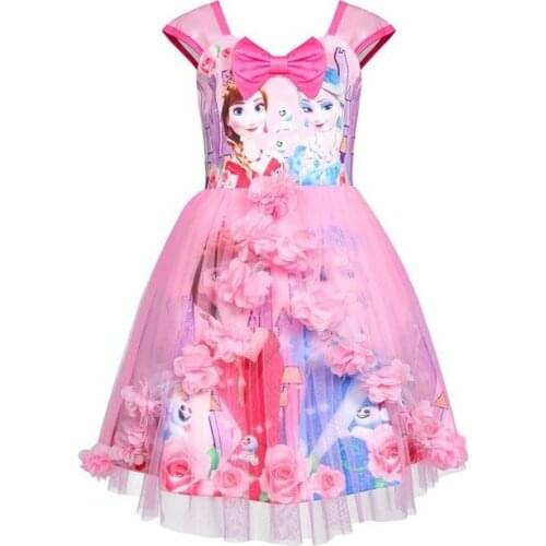 Party Kids Clothes Frozen Elsa Anna Princess Flower Bow Tie Costume Birthday Little Girls Vestidos New Year Mesh Outfits