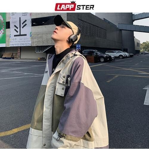 LAPPSTER Men Oversized Streetwear 2021 Bomber Jackets 2021 Patchwork Color Block Cargo Windbreaker Jackets Coats Korean Clothes