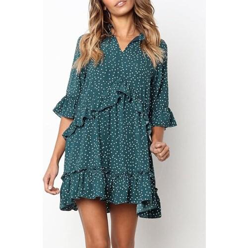 Summer Casual Dots Print Mini Dress Women 2021 Loose V-neck Ruffles Plus Size 3XL Green Dresses Woman Elegant Beach Dress