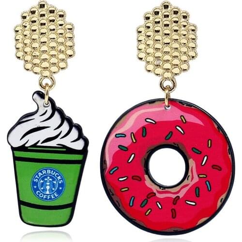 Summer Ice Cream Sweet Doughnut Acrylic Earrings Pendants Red Green Retro Asymmetric Earring Big Dangle Women Drop Shipping