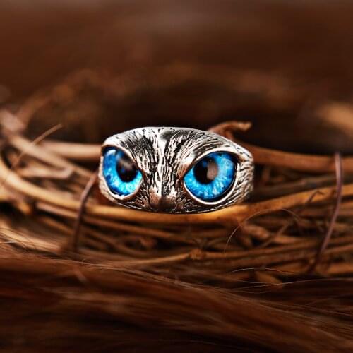 Fashion Vintage Cute Blue Eyes Owl Ring For Men Women Open Rings Silver Color Engagement Wedding Couple Ring Jewelry Gifts