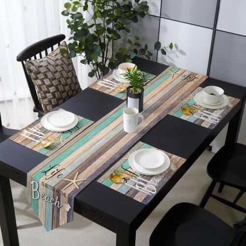Ocean Beach Wood Grain Starfish Shell Table Runner Placemat Set Tablecloth Dining Table Mat Home Wedding Table Decoration