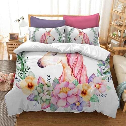 Cartoon Unicorn Bedding Set Floral Printed Bed linens Queen King Size 3pcs Duvet Cover For Kids Flat Sheet Pillow case Hot sale