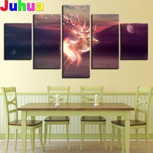 Modern Decor Deer diamond painting 5 Pieces Animal Elk diamond embroidery Modular Pictures Officer Room Art Full square Drill