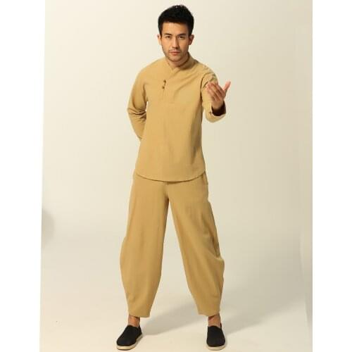 New Arrival Chinese Mens Cotton Kung Fu Suit Tai Chi Wushu Sets Long Sleeve Shirt&Loose Full Length Pants Trousers Size M-XXXL