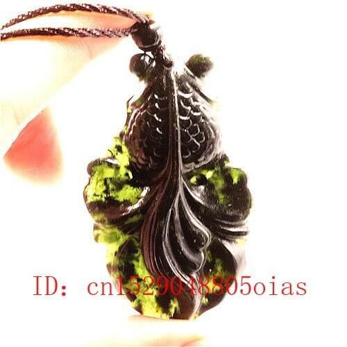 Natural Chinese Black Green Jade Goldfish Pendant Necklace Obsidian Accessories Charm Jewelry Carved Amulet Gifts for Women Men
