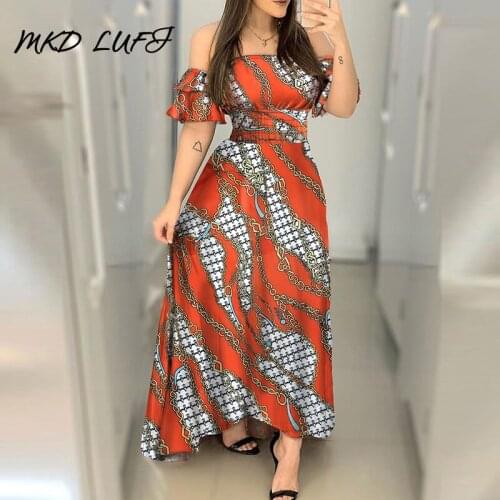 Off Shoulder Chain Print Colorblock Ruffles Maxi Dress