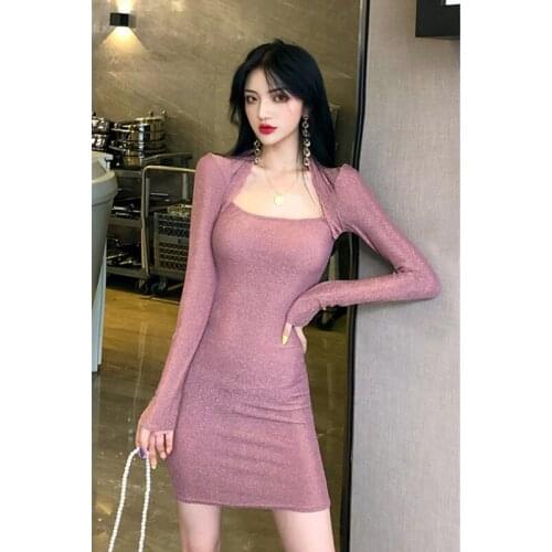 Real shot 2019 new fashion sexy bag hip shiny pink bottoming dress