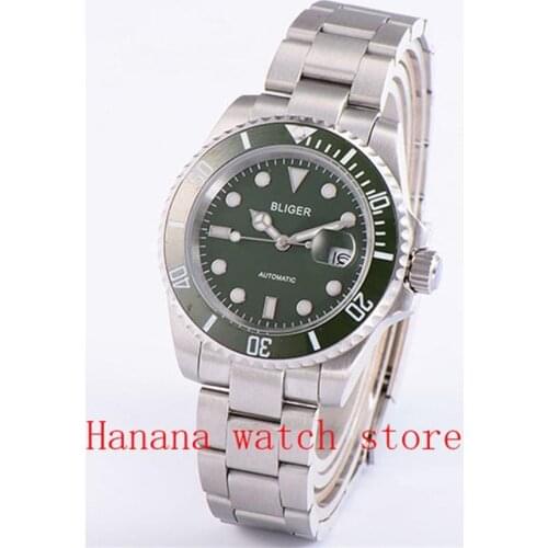 Sapphire Crystal BLIGER 40MM Green Dial Ceramic Bezel Luminous Marks Date MIYOTA Automatic Movement Mens Wrist Watch