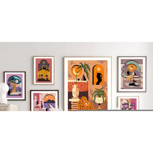 Nordic Vintage Poster Bohe Leopard Couple Tiger Girl Wall Art Print Canvas Painting Gallery Wall Picture For Living Room Decor