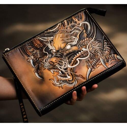 Hand-made Men Vegetable Tanned Leather Bag Money Holder Chinese Dragon Clutch Purse Clutches Envelope Boyfriend Gifts