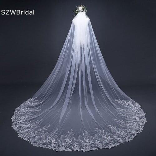 New Arrival Ivory Cathedral Wedding Veil Appliques Lace Bridal veils Voile mariage Cheap Weed accessories Voile femme musulman