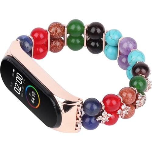 Colorful Beads Diamond Luxurious Strap with Protector Frame for Xiaomi Mi Band 5/4/3 Girls/Ladies Elastic Replaceable Bracelet