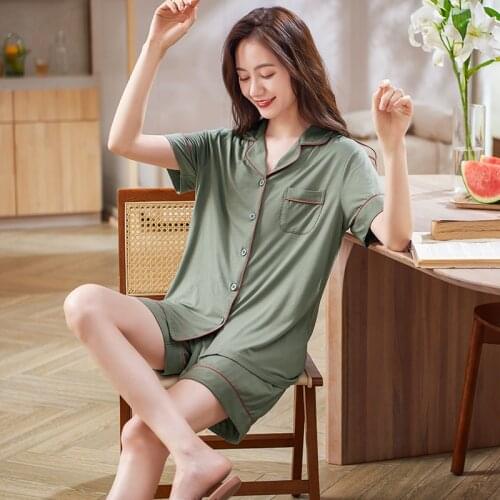 Women Simple Cardigan Pajamas Sets Solid Color Summer Short Sleeves Shirts+Short Pants Sleepwear Nightwear Woman Pajama Homewear