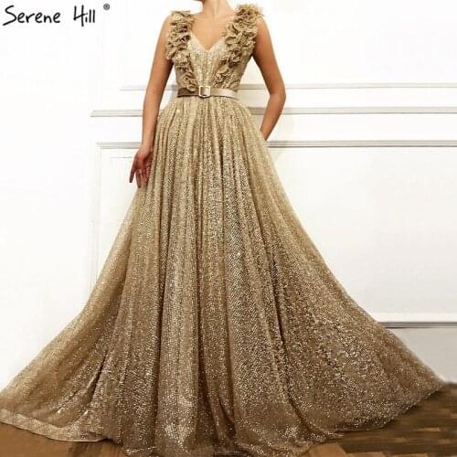 2020 New Gold Glitter Ruffles Evening Dresses Sexy Deep V-neck Long Formal Dress Party Gown Robe De Soiree BLA60796