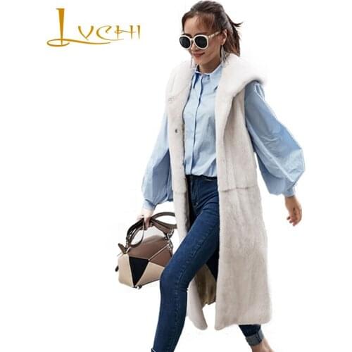 LVCHI Winter 2019 Crown North American mink Fur Coats Womens Causal Sleeveless Long Causal Slim With Fur Hood Vest Mink Coats