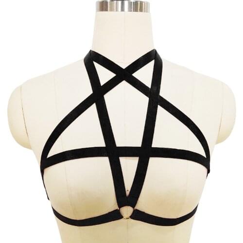 Pentagram Hollow Bra Body Harness Belt Goth Rave Women Sexy Lingerie Edgy Open Chest Body Cage Punk Black Bondage Harness Bra