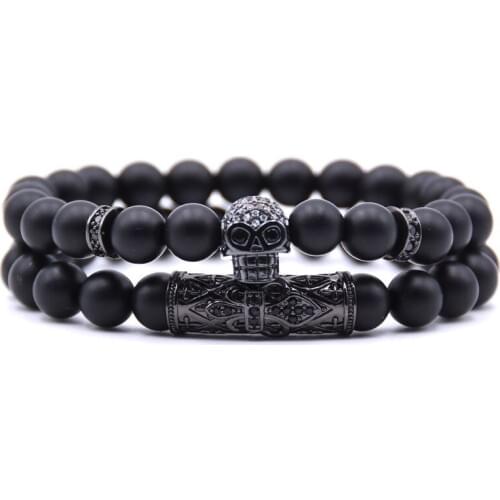 2PCS/set 8mm Classic Volcanic stone Pave CZ Skull Charm Bracelet For Men&Women Bracelets Jewelry Pulseras moda 2018