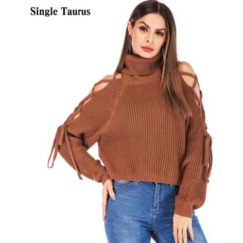 Bandage Batwing Sleeve Hollow Out Turtleneck Knitted Sweaters Criss Cross Fall Winter Sexy Casual Streetwear Strapless Top Women