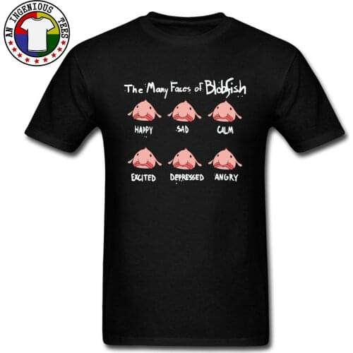 The Many Faces Of Blobfish Cute Fish Black T Shirt 100% Cotton Crewneck Mens T-shirts Cartoon Printed T-Shirt Wholesale Custom