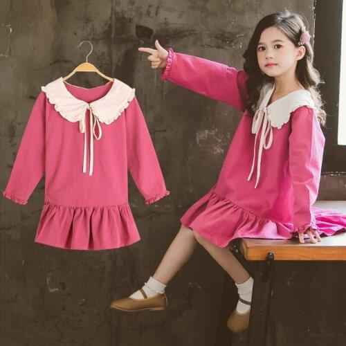 Children Casual Dress Spring Long Sleeve Polka Dot Doll Collar Button Style Kids Dresses For Girls Lovely Cotton Princess Dress