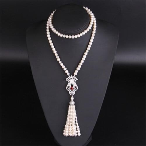 S925 Sterling Silver Long 8-9mm Pearl Necklace Womens Autumn Wedding Gift Fine Jewelry Pearl Sweater Chains 32inch
