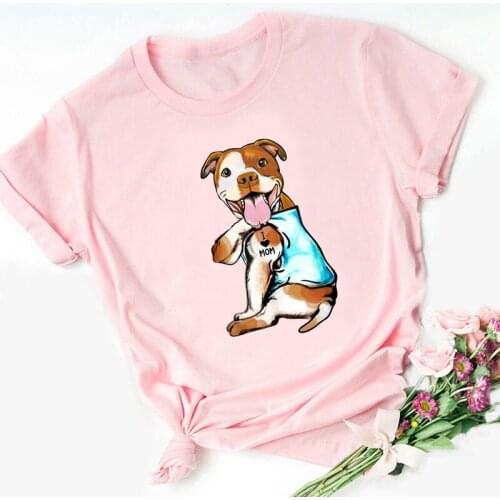 FIXSYS Harajuku Kawaii Pink Tops Tee Pug I Love Mom T-shirt Women Fashion Casual Clothes Short Sleeve Lovely Girl Mama T shirt