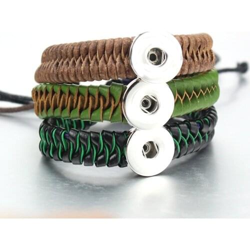 Hot Sale Snap Leather Bracelet Retro Handmade Braided Leather Snap Button Bracelet Bangles fit 18MM Snap Jewelry