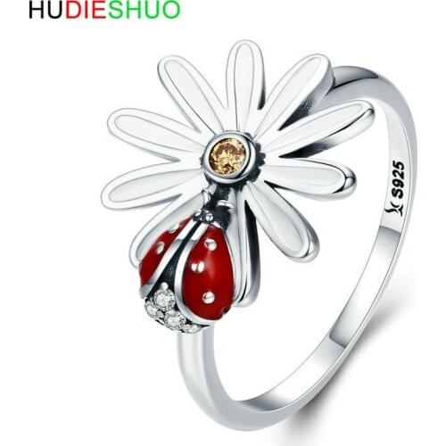 HUDIESHUO 100% 925 SterlingSilver Ladybug in Flower Garden Finger Rings for Women SterlingSilver Jewelry Christmas gifts